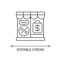Outlet store pixel perfect linear icon. Retail business, commercial service. consumerism thin line customizable illustration. Contour symbol. Vector isolated outline drawing. Editable stroke