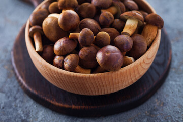 wooden bowl full of fresh mushrooms
