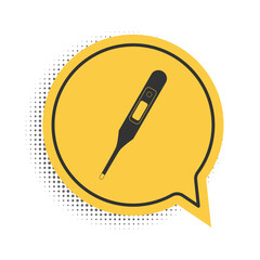 Black Medical digital thermometer for medical examination icon isolated on white background. Yellow speech bubble symbol. Vector.