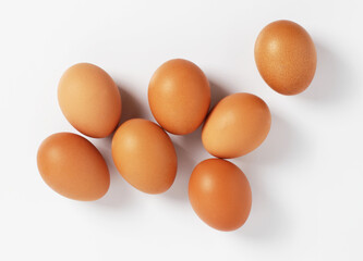 Chicken eggs Composition on a white background. White egg. Top viev 