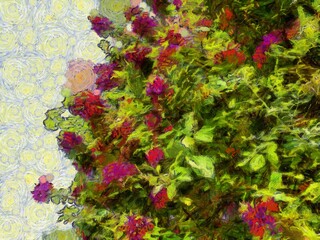 Red and pink flower bushes on the trees Illustrations creates ant style impressionis of painting.