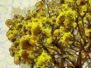Yellow flowers on the tree Illustrations creates ant style impressionis of painting.