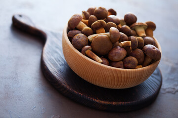 wooden bowl full of fresh mushrooms