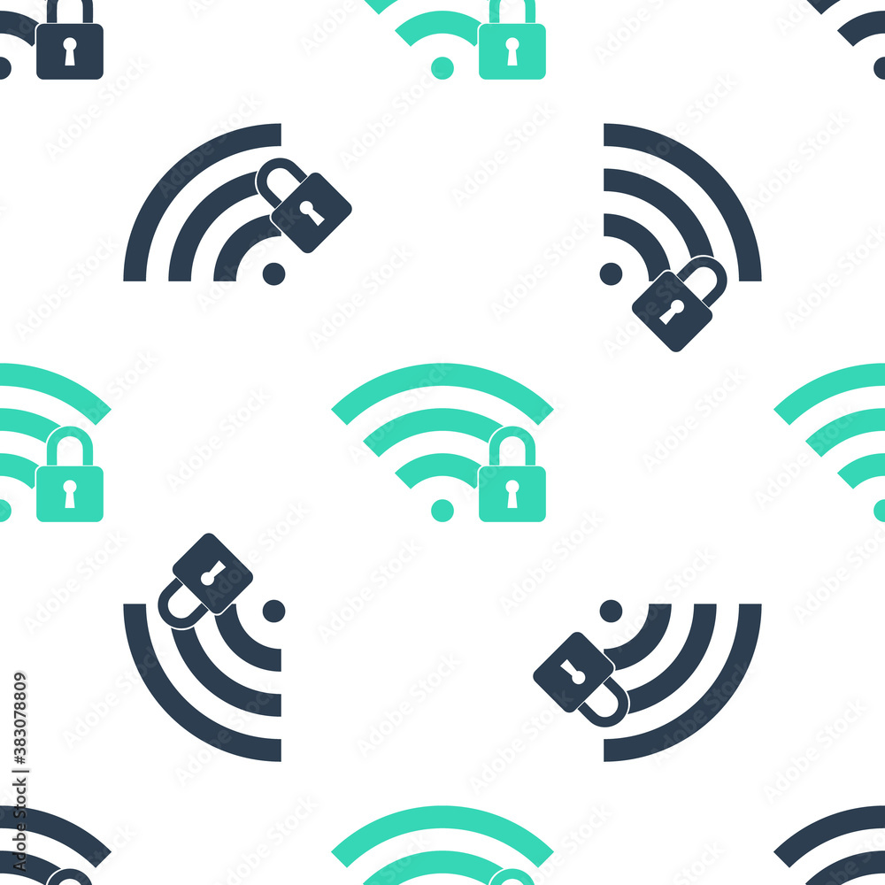 Poster green wifi locked icon isolated seamless pattern on white background. password wi-fi symbol. wireles