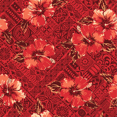 Grunge hibiscus flowers with Hawaiian tapa tribal motifs background abstract vector seamless pattern © PrintingSociety