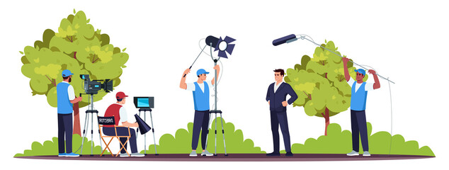 Movie set semi flat RGB color vector illustration. Filming process. Good teamwork. Director with his team members. Professional equipment. Star actor isolated cartoon character on white background