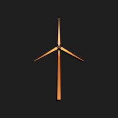 Gold Wind turbine icon isolated on black background. Wind generator sign. Windmill silhouette. Windmills for electric power production. Long shadow style. Vector.