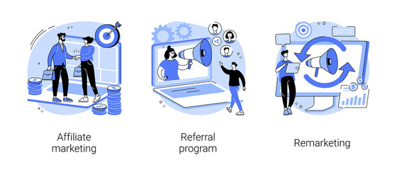 Internet promotion strategy abstract concept vector illustration set. Affiliate marketing, referral program, remarketing, online sales management, targeted advertising, loyalty abstract metaphor.