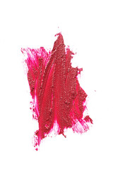 Creamy red lipstick in liquid form, textural strokes isolated on white background. Concept of trends in cosmetics, makeup.