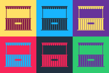 Pop art Street stall with awning and wooden rack icon isolated on color background. Kiosk with wooden rack. Vector.