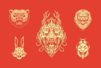 Grizzly bear, lion and Hare. Screaming mad Leo and rabbit. Chinese dragon. Japanese woman snake. Animal for tattoo or label. Roaring beast. Engraved hand drawn line art Vintage old monochrome sketch. 
