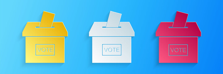 Paper cut Vote box or ballot box with envelope icon isolated on blue background. Paper art style. Vector.