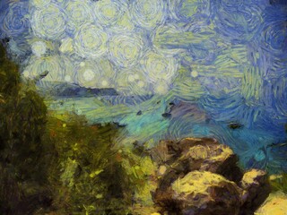 Sea and beach landscape Illustrations creates ant style impressionis of painting.