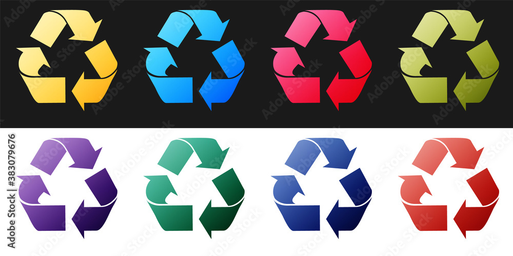 Poster set recycle symbol icon isolated on black and white background. circular arrow icon. environment rec