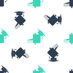 Green Graduation cap and book icon isolated seamless pattern on white background. Vector.