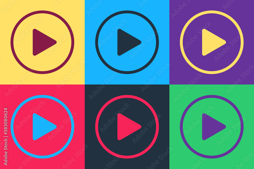 Poster pop art play icon isolated on color background. vector.