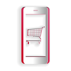 Paper cut Online shopping concept. Shopping cart on screen smartphone icon isolated on white background. Concept e-commerce, online business marketing. Paper art style. Vector.