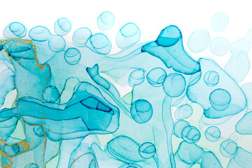 Transparent blue and gold watercolor drops on white background. Bubbles imitation.