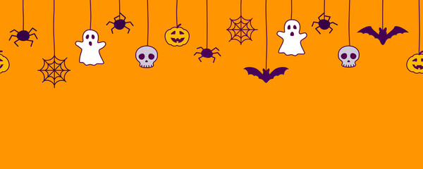 Happy Halloween seamless banner or border with black bats, spider web, ghost  and pumpkins. Vector illustration party invitation orange background