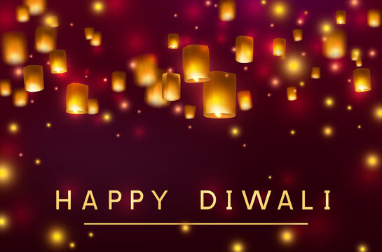Diwali festival floating lantern lamps. Vector indian paper flying lights with flame at night sky background