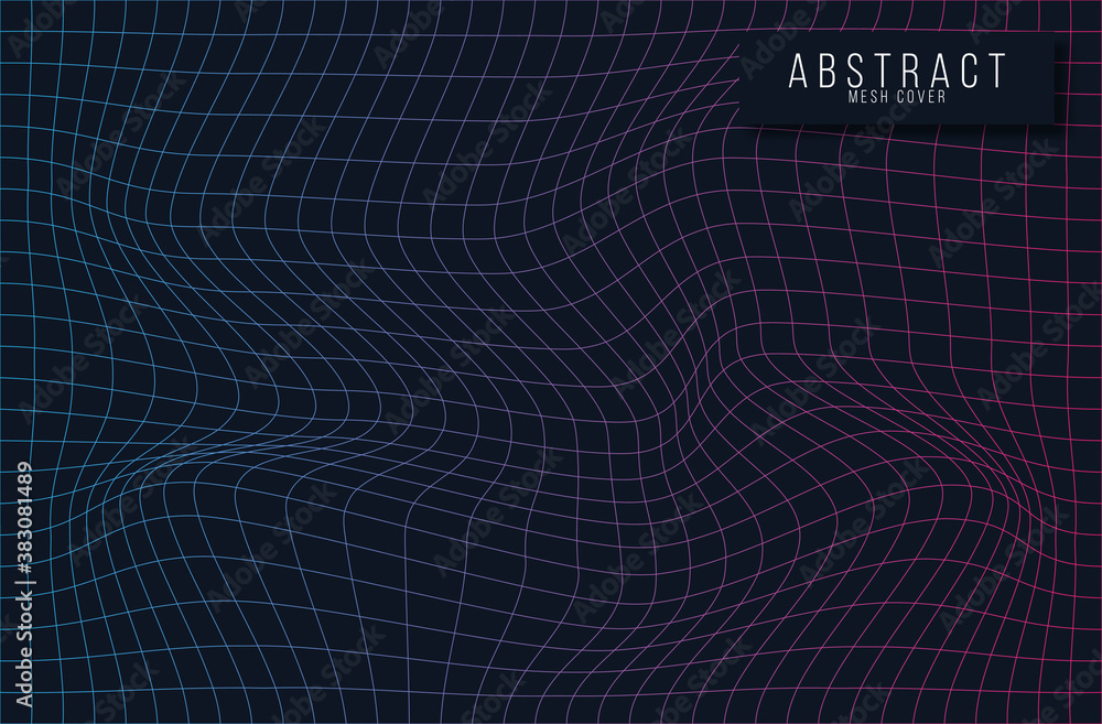 Poster vector image of distorted holographic pearly neon mesh. vaporwave synthwave cyberpunk illustration.