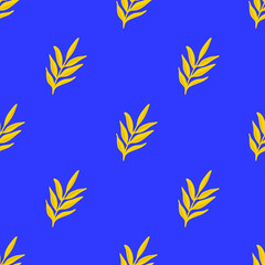 Yellow autumn leaves on a blue background. Seamless pattern for fabric, textiles, Wallpaper, cover, wrapping paper, etc. Flat vector illustration, cartoon style.