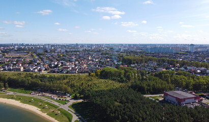 Beautiful top view of the suburb of the city with a park