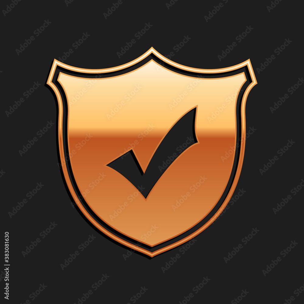 Poster gold shield with check mark icon isolated on black background. protection symbol. security check ico