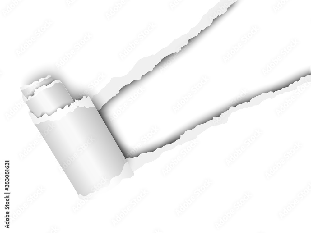 Wall mural torn, snatched window placed diagonally from upper right corner in white paper with paper curl. whit