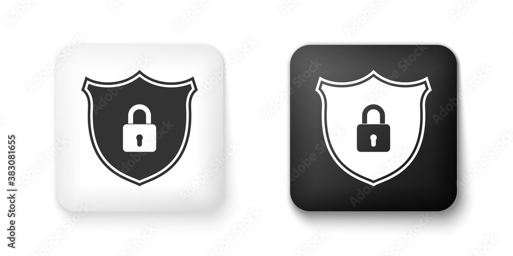 Poster black and white shield security with lock icon isolated on white background. protection, safety, pas