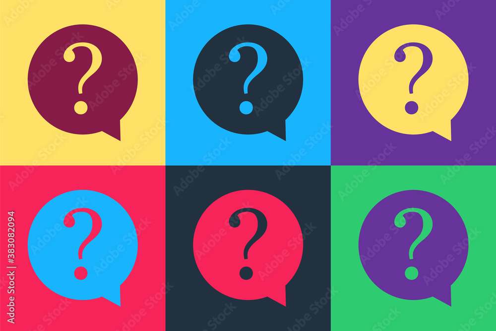 Poster pop art question mark in circle icon isolated on color background. hazard warning symbol. faq sign. 