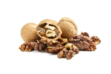 Cracked walnuts isolated on white background