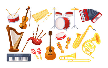 Set various musical metal wood acoustic instruments: violin, tambourine, harp, trombone, bagpipe, saxophone, accordion, guitar, drum, tambourine, synthesizer, bagpipes, maracas, rumba vector