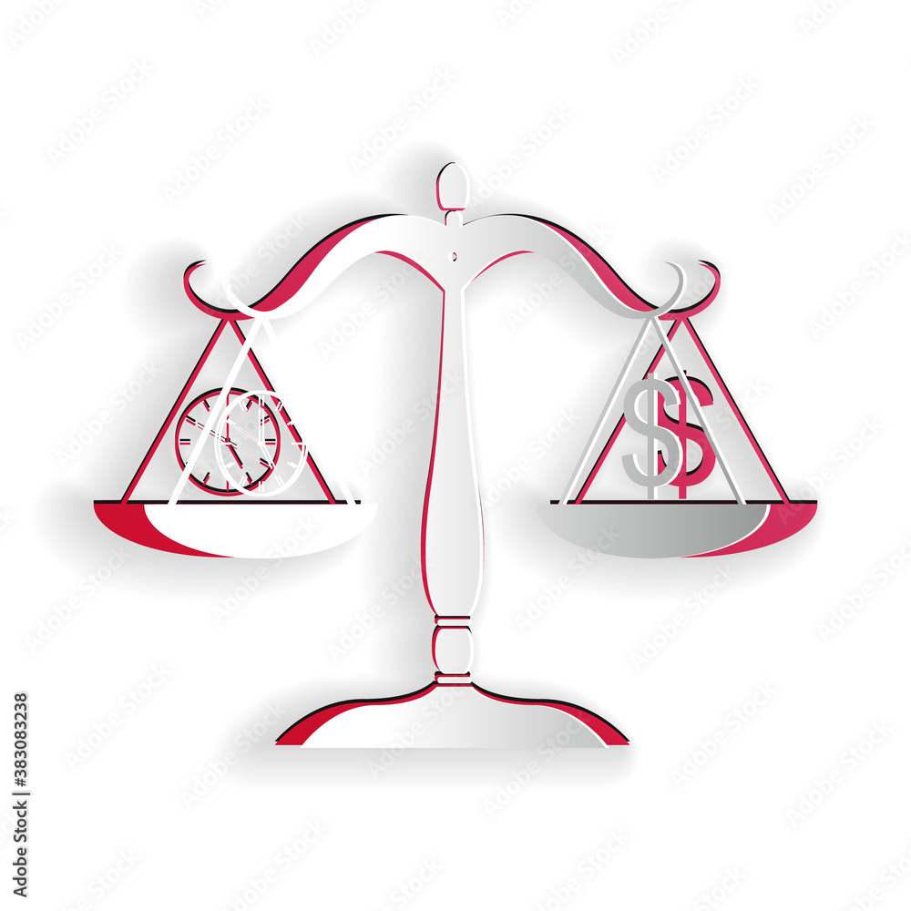 Poster paper cut scale weighing money and time icon isolated on white background. scales with hours and a c