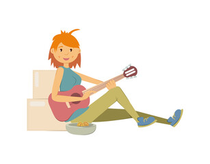 Homeless people concept. Young woman begging money and needing help. Homeless unemployment young girl sitting among the boxes, making money by playing guitar on street isolated vector