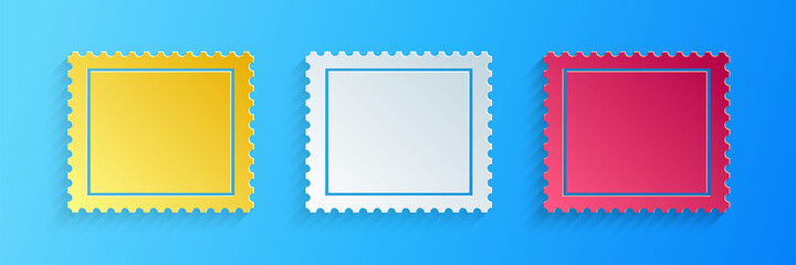 Paper cut Postal stamp icon isolated on blue background. Paper art style. Vector.