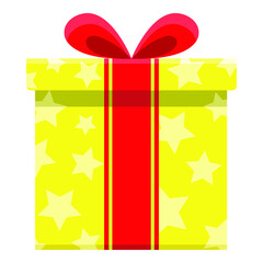Vector yellow gift box with stars and red ribbon, isolated on white.