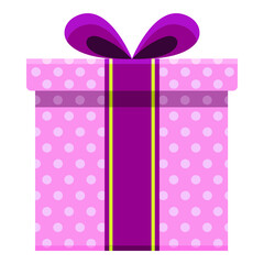 Vector pink gift box with white dots and purple ribbon, isolated on white.