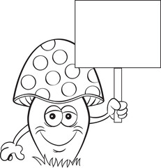 Black and white illustration of a happy mushroom holding a sign.