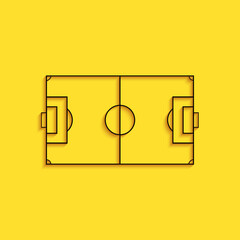 Black Football field or soccer field icon isolated on yellow background. Long shadow style. Vector.
