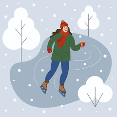 Fototapeta na wymiar Vector illustration of a skating girl with a coffee in her hand in a winter park in a snowfall. Ice rink. Holiday Christmas time. Winter outdoors.