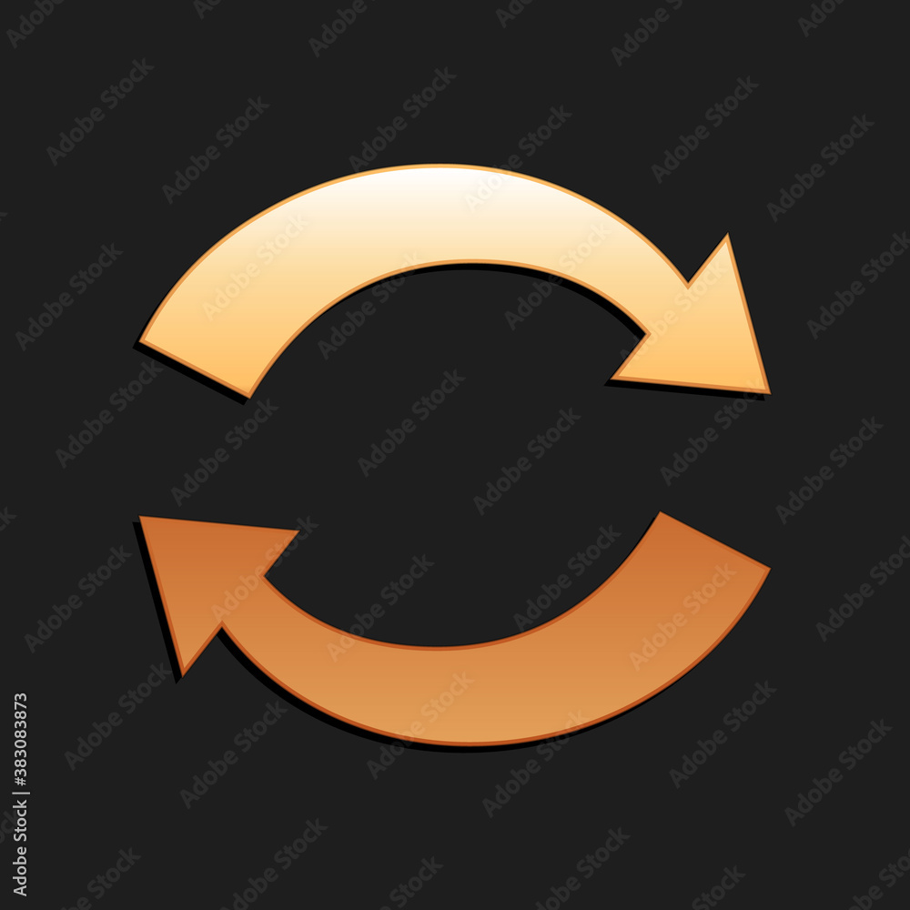Poster gold refresh icon isolated on black background. reload symbol. rotation arrows in a circle sign. lon