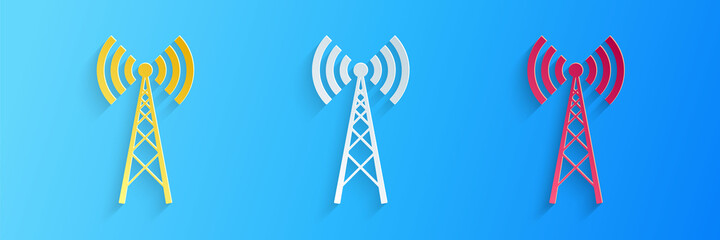 Fototapeta na wymiar Paper cut Antenna icon isolated on blue background. Radio antenna wireless. Technology and network signal radio antenna. Paper art style. Vector.