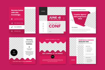 Trendy instagram and facebook social media post templates with red overlay elements. Clean square vector illustrations for digital marketing and online advertisement