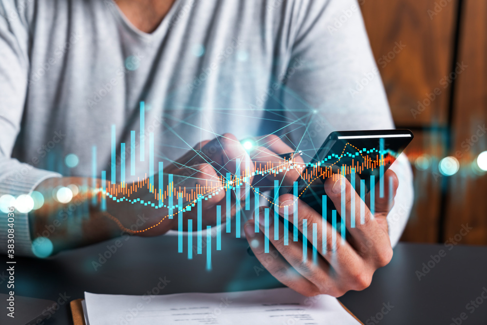 Poster man using phone. hands typing smartphone. double exposure with forex graph hologram. close up. finan