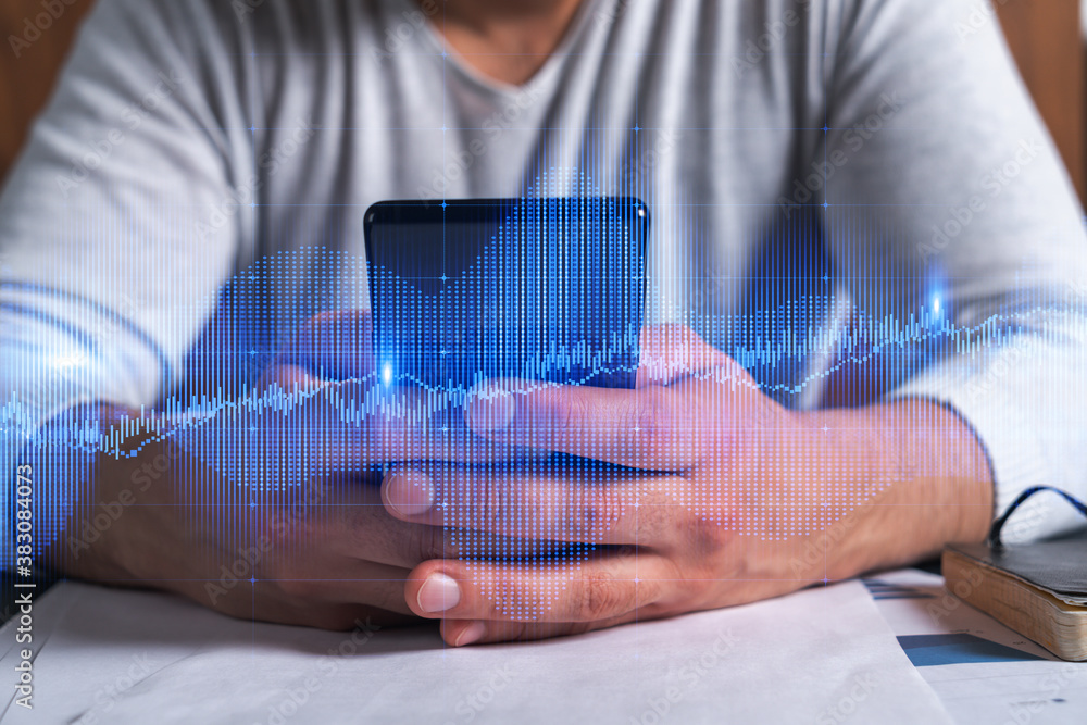 Poster man using phone. hands typing smartphone. double exposure with forex graph hologram. close up. finan