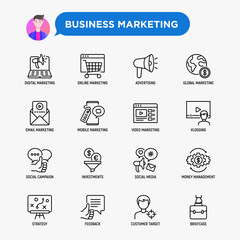 Business marketing thin line icons set: digital marketing, online shopping, advertising, social media, e-mail marketing, vlogging, feedback, strategy, customer target, briefcase. Vector illustration.