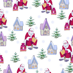 Santa Claus with a bag of gifts on a white background with images of Christmas trees and fairy houses. Textile composition, template for design print, wallpaper and box.