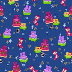 Christmas gifts on a blue background with snowflakes.
Textile composition, template for design print, fabric, wallpaper and box.