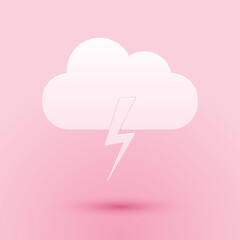 Paper cut Storm icon isolated on pink background. Cloud and lightning sign. Weather icon of storm. Paper art style. Vector.